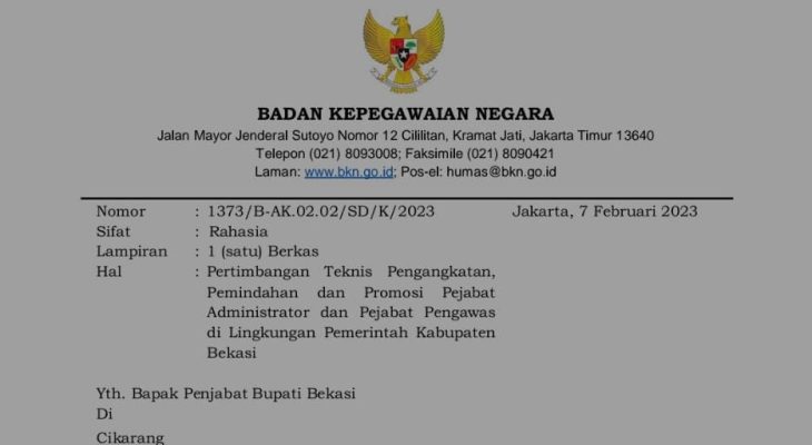 Bekasi Dihebohkan Surat Rahasia BKN terkait Nasib 182 Pejabat Pemkab